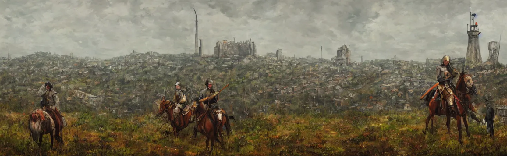 Image similar to horseback knights at scenic overlook; cloudy, grey skies, walled fort city deteriorating office buildings in background on hill; forest; la Bastille, post apocalyptic, grungy; oil on canvas, colorful, artstation