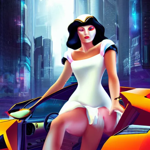 Prompt: Snow White wearing flip flops driving a lamborghini in heaven, Cyberpunk digital art