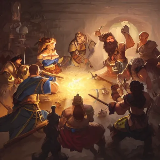 Prompt: 'A monk, bard, druid and a paladin are fighting together in a tavern brawl, art by Greg Rutkowski, 4k'