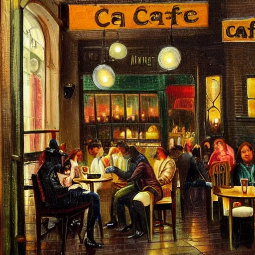 Image similar to busy cafe in a rainy victorian city