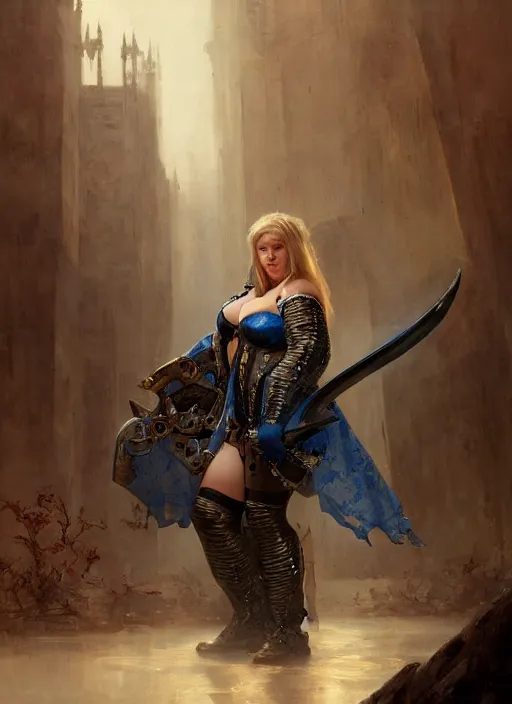 Image similar to beautiful blue - eyed bbw plumper big girl erika xstacy wearing tiny black medieval armour, detailed by gaston bussiere, bayard wu, greg rutkowski, giger, maxim verehin, greg rutkowski, masterpiece, sharp focus, cinematic lightning