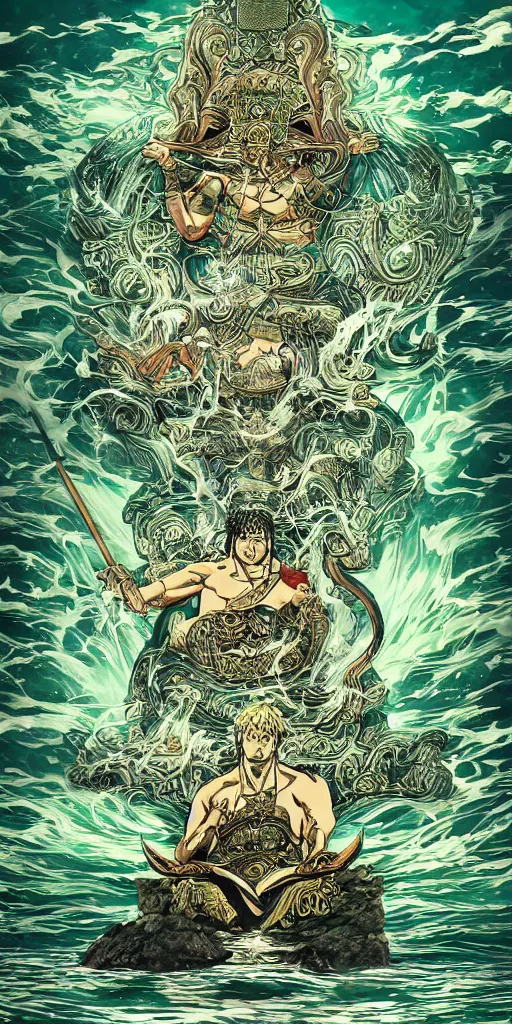 Image similar to a lone emperor sitting on a emerald throne floating on water in the middle of a lake drawn by Makoto Yukimura in the style of Vinland saga anime, full color, detailed, psychedelic, Authority, structure