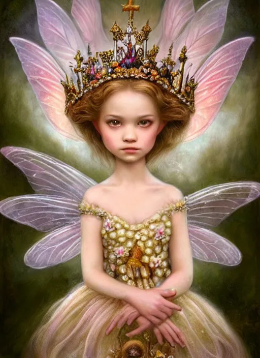 Prompt: highly detailed closeup portrait of a fairy princess wearing a crown and sitting on a throne, nicoletta ceccoli, mark ryden, lostfish, earl nore, global illumination, god rays, detailed and intricate environment