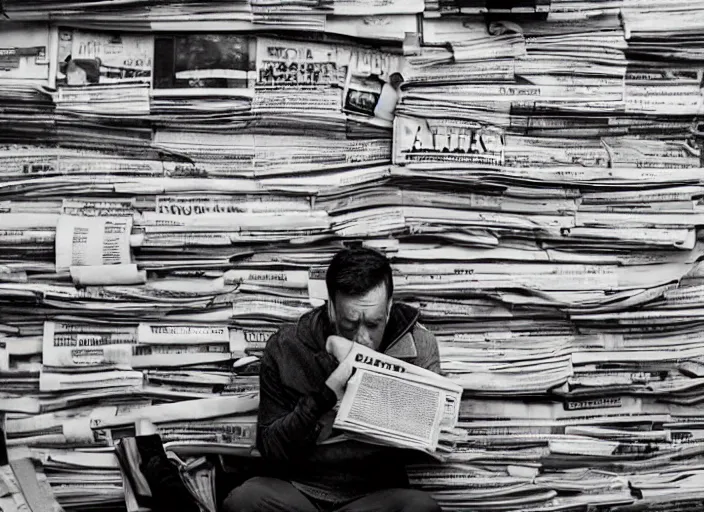 Prompt: dslr photo still of alex jones sitting depressed in a room filled to the ceiling with newspapers, 5 2 mm f 5. 6