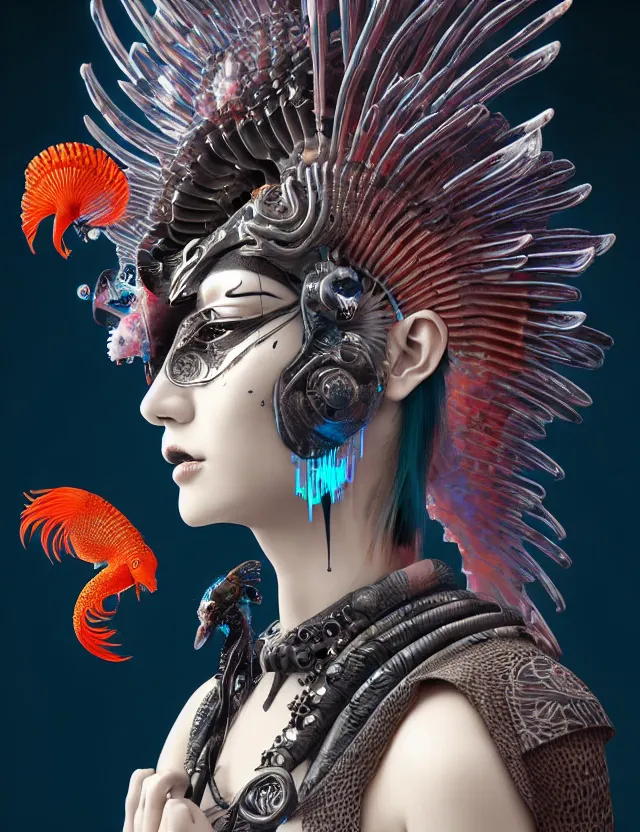 Image similar to 3 d goddess close - up profile portrait cyberpunk with ram skull. beautiful intricately detailed japanese crow kitsune mask and clasical japanese kimono. betta fish, jellyfish phoenix, bio luminescent, plasma, ice, water, wind, creature, artwork by tooth wu and wlop and beeple and greg rutkowski