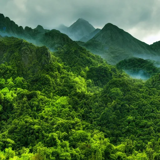 Prompt: a photo of tall lush mountains, award winning, 4k, hyper realistic,