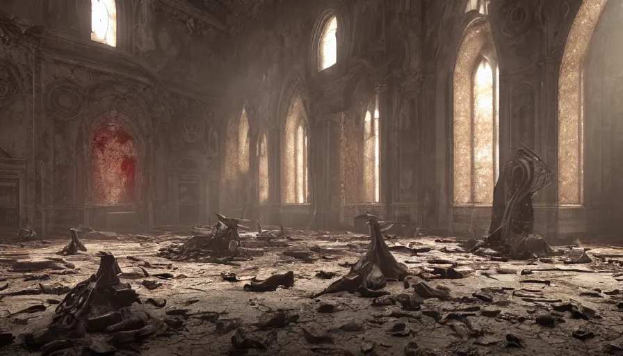 Image similar to demons battle lovecraftian monsters in an abandoned church in the vatican, 8 k, soft lighting, hdr, octane render, cinematic, red fluid on walls of the church, smoke, photorealistic, bokeh