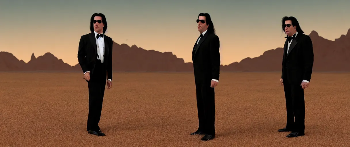 Prompt: accidentally wes anderson award - john travolta as vincent vega suprised gesture nobody there ghost town tumbleweed bushes on ground shrugging hand at waist level. standing in black suit high noon golden ratio, 4 k, detailed, art by greg rutkowsky, trending on artstation, cinematic lighting, filmic grain, golden hour, detailed, 4 k