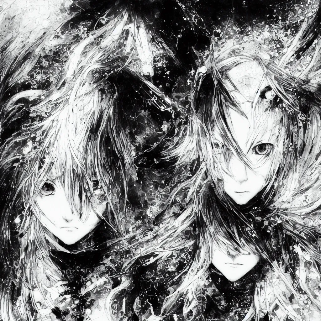 Image similar to Yoshitaka Amano blurred and dreamy illustration of an anime girl with pirate eye patch, wavy white hair and cracks on her face wearing Elden ring armour with the cape fluttering in the wind, abstract black and white patterns on the background, noisy film grain effect, highly detailed, Renaissance oil painting, weird portrait angle