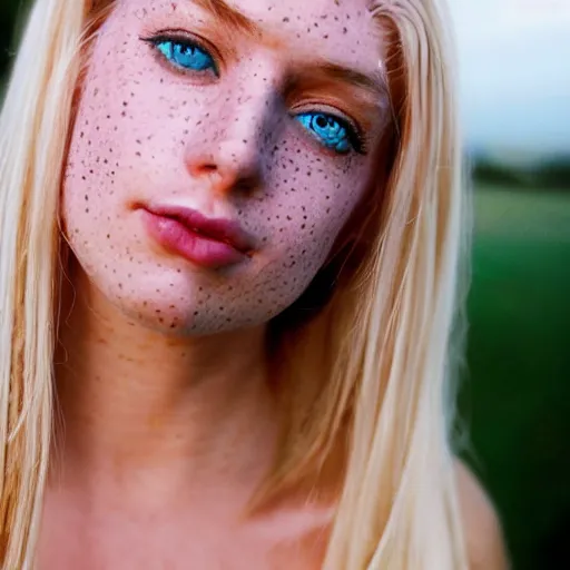 Image similar to close up headshot of a princess with long blonde hair and blue eyes wearing a strapless elaborately beaded pink dress, high resolution film still, 8k, HDR color, film by Simon Langton and David Frankel, triangular face, freckles, round narrow chin, straight jawline