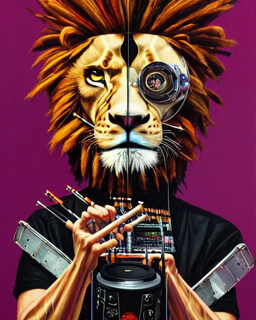 Image similar to a portrait of an anthropomorphic cyberpunk lion playing the snare drum with drumsticks by sandra chevrier, by jon foster, detailed render, tape deck, epic composition, cybernetics, 4 k realistic, cryengine, realistic shaded lighting, sharp focus, masterpiece, by enki bilal