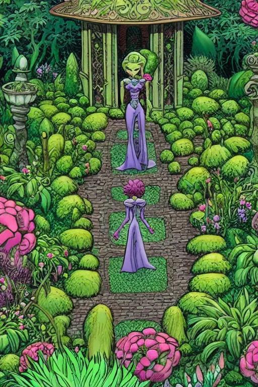 Image similar to intricate detailed Garden, Green Witch Walking her Garden, magical garden plant creatures, enchanted, life like plants, In style of 1992 X-Men: The Animated Series, high detail