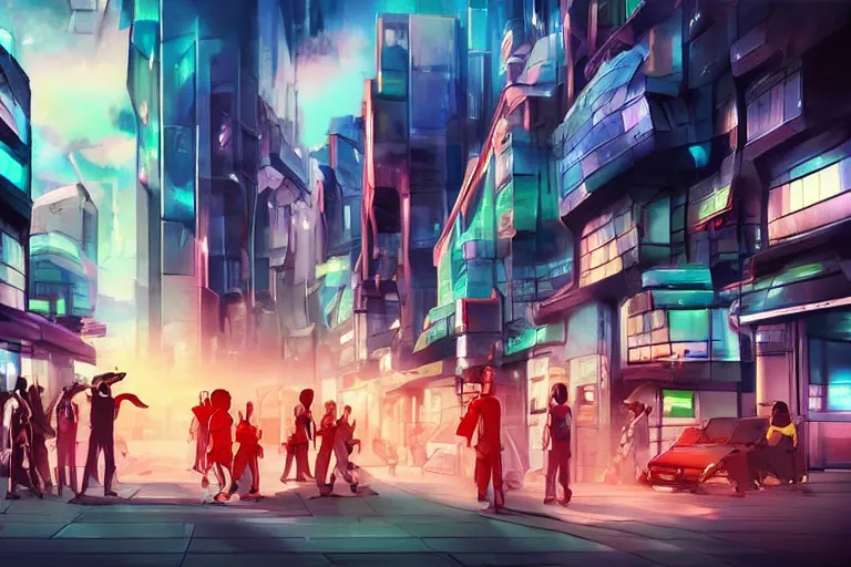 Image similar to futuristic city street with people fighting, anime