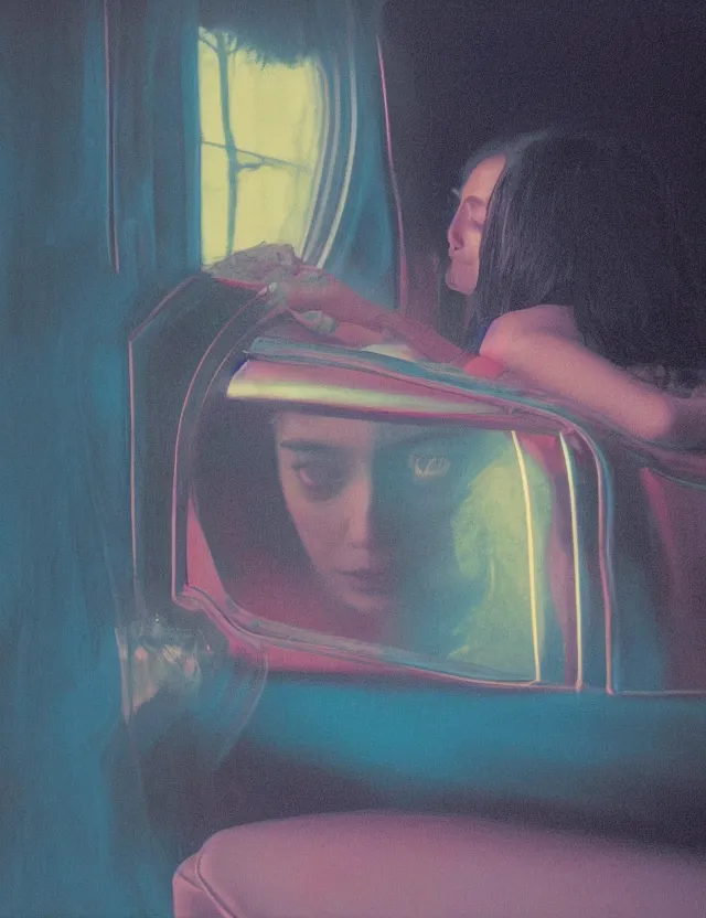 Prompt: woman in dark room sitting on a coach, blue rays from tv, redshift, wide shot, coloured polaroid photograph, pastel, kodak film, hyper real, stunning moody cinematography, by maripol, fallen angels by wong kar - wai, style of suspiria and neon demon, david hockney, detailed, oil on canvas