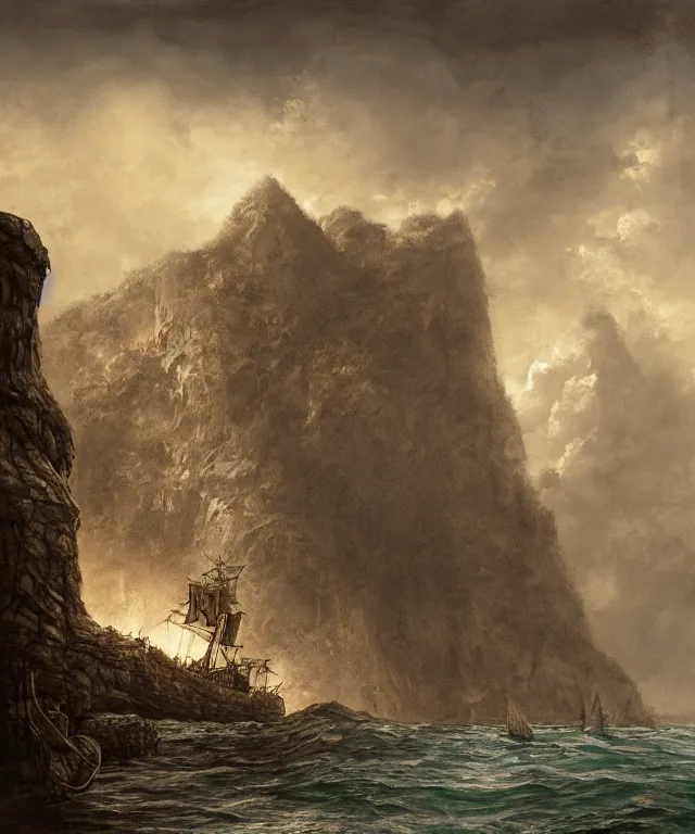 Image similar to photorealistic sepia painting of a pirate ship sailing in front of a tropical island cliff with the mouth of a grotto at the waterline, dark, brooding, atmospheric, lovecraft, by dave dorman