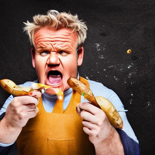 Image similar to Extremely angry Gordon Ramsey is yelling at a potato, studio photography