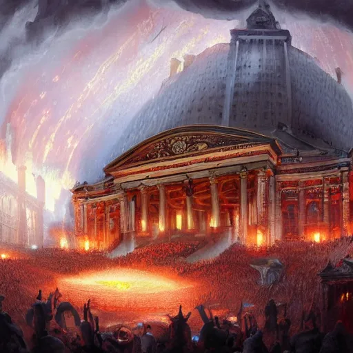 Image similar to the opera house at lviv in hell, inferno, panorama, highly detailed, full body, digital painting, trending on artstation, concept art, sharp focus, illustration, art by artgerm and greg rutkowski and magali villeneuve