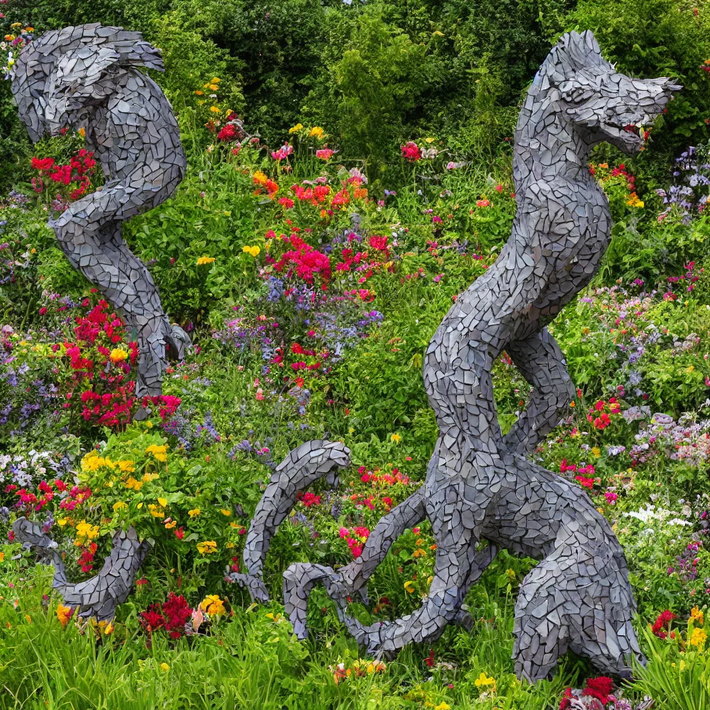 Prompt: folk art garden sculptures in an english cottage garden, cottagecore flower garden, concrete sculpture of a manticore, colorful mosaic, color blocking, sculpture by wouterina de raad!!!, art by james tellen, highly detailed, realistic anatomical proportions, textured hand built concrete sculpture, amazing concrete sculpture, 4 k