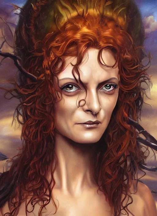 Image similar to a fantasy comic book style portrait of a stunning 19 year old witch who looks like young susan sarandon, oil painting by boris vallejo and julie bell and luis royo, full body portrait, hyper realistic, hd, intricate, elegant, character design, concept art, cinematic lighting