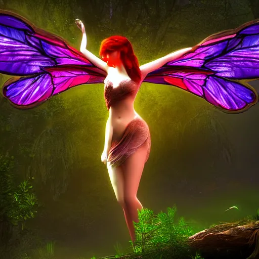 Prompt: winged fairy in a vibrant dark forest with stained glass wings cute colorful 4 k path traced high definition detailed artstation realistic trending dramatic lighting high contrast