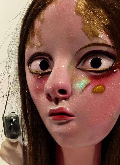 Image similar to portrait of a girl, resin dripping down her, hyper-realistic, high-tech