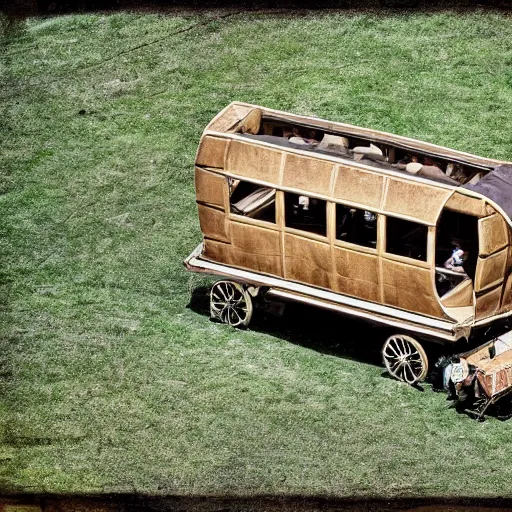 Prompt: a birdseye view sepia photograph of a delorean turned into a covered wagon, traveling in a line with covered wagons and cattle