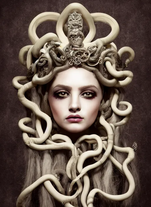 Image similar to a portrait of medusa, goddess by candy makeup, photorealistic, intricate details, hyper realistic, fantasy, elegant, baroque, horn, ram skull headpiece, photorealistic, photography, symmetrical features, symmetrical pose, wide angle shot, feet on the ground, wearable art, unreal engine