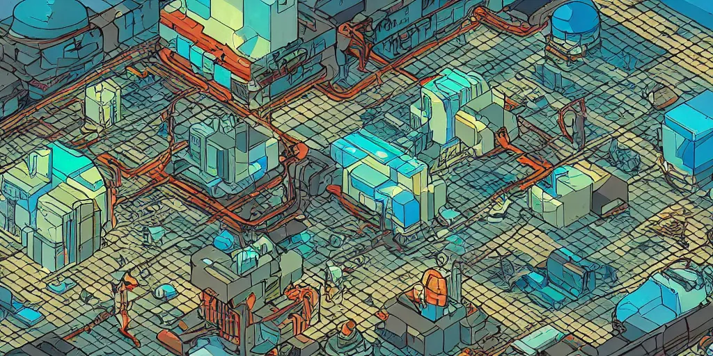 Image similar to a mile above a cyberpunk landscape. isometric perspective. science fiction art. near future world moebius