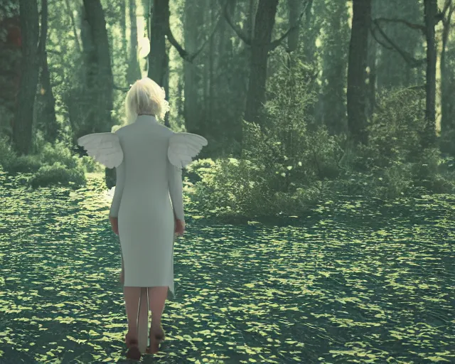 Prompt: a female angel : : one white wing, the other a dark midnight blue with tiny stars inside it : : with blonde hair just past her shoulders, standing in a forest with her back to camera : : octane render : : 8 k