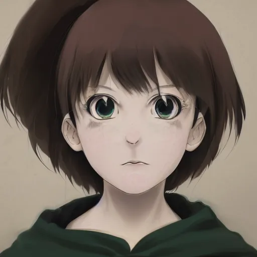 Image similar to a cute pretty young girl, with short ginger hair that is middle parted, with freckles, scowling and angry, with green eyes, wearing a black cloak, anime key visual, digital art, DD, concept art, trending on art station, 8k, official media from spirited away