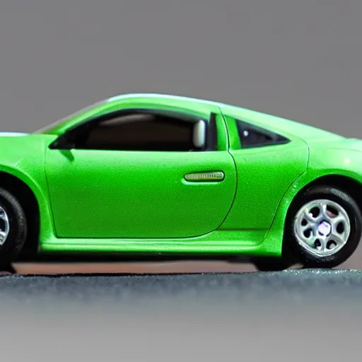 Image similar to a woman driving a Jada toys mitsubishi eclipse green diecast car, high resolution macro photo, viewed through the cars window