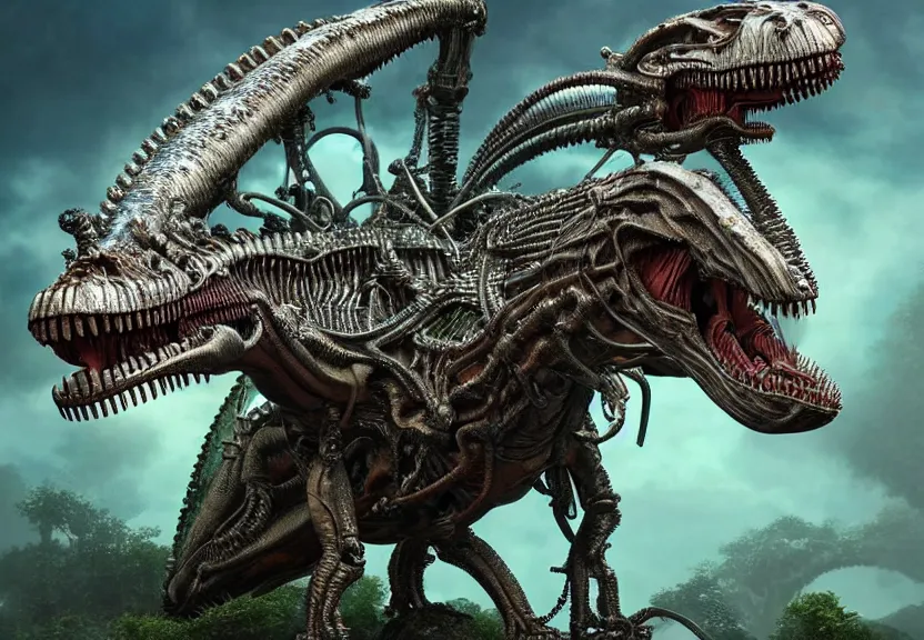 Image similar to extremely detailed. full body pictures of a gem - toned cybernetic tyrannosaurus rex engine. iridescent biomechanical giger ’ s xenomorph. the thing. detailed and intricate environment, wide angle, hyperrealism, plants and jungle, detailed and intricate environment, reflective, dynamic lighting, studio ghibli, 8 k