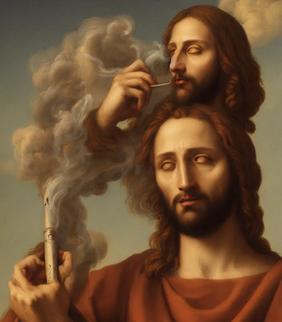 Image similar to a perfect portrait picture of jesus smoking a joing by leonadro da vinci, high resolutoion, artstation