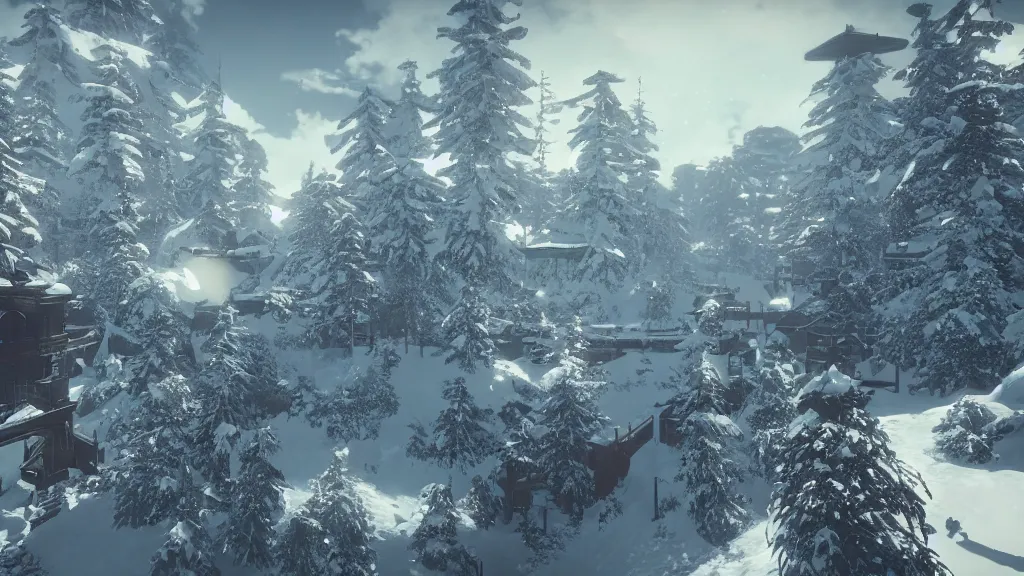 Image similar to Screenshot from Nier Automata, beautiful landscape at a ski resort