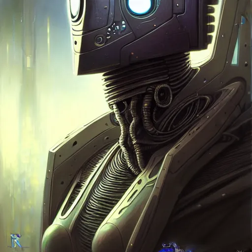 Image similar to low angle shot of a cyberpunk gazmask robot character, intricate, elegant, highly detailed, centered, digital painting, artstation, concept art, smooth, sharp focus, illustration, artgerm, Tomasz Alen Kopera, Peter Mohrbacher, donato giancola, Joseph Christian Leyendecker, WLOP, Boris Vallejo