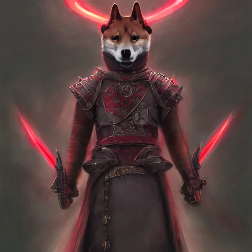 Image similar to anthropomorphic shiba inu, wearing berserk anime darkness armor, blood aura red light, fantasy, dark, portrait art by donato giancola and greg rutkowski, realistic face, digital art, trending on artstation, symmetry