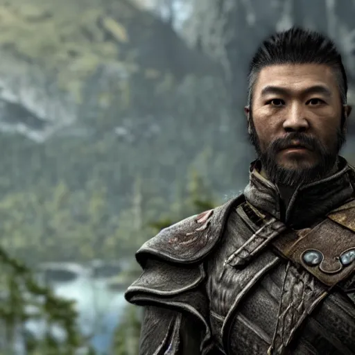 Image similar to 8k hyper realistic highly detailed HDR still of David Lo Pan in Skyrim