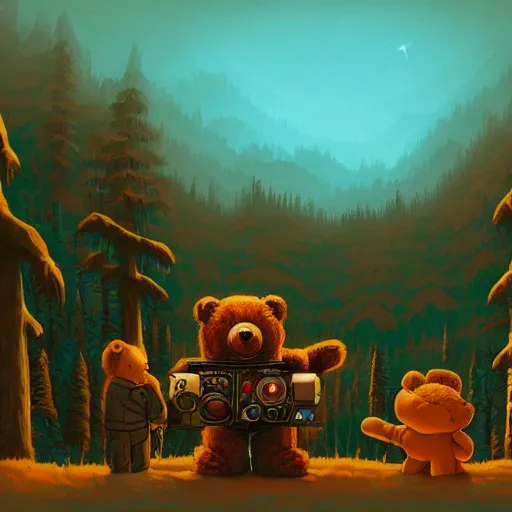 Image similar to a paint of dan mumford, of a robotic teddy bear painting a picture of a cute bear, in the background an apocalyptic panorama, artstation