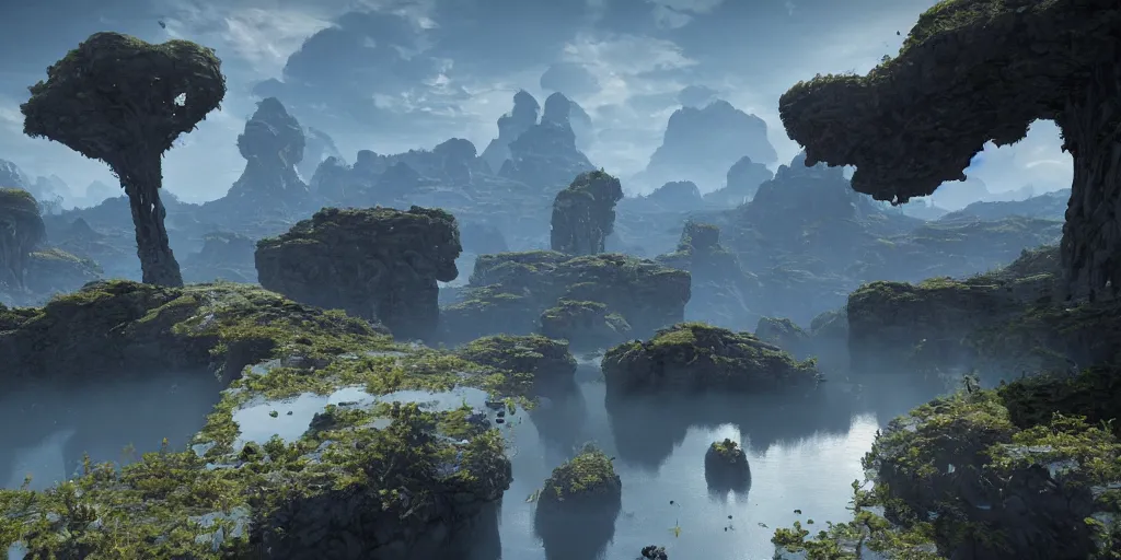 Image similar to alien landscape, floating islands, 8 k uhd, unreal engine, octane render in the artstyle of kuindzhi