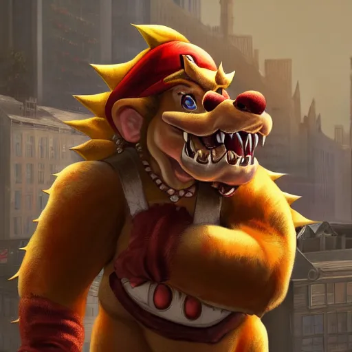 Prompt: Portrait of bowser from super mario brothers in a grand theft auto 5 loading screen , art by Albert Bierstadt and James Gurney, highly detailed, digital painting, matte painting, concept art, illustration, oppressive lighting, trending on artstation, very detailed