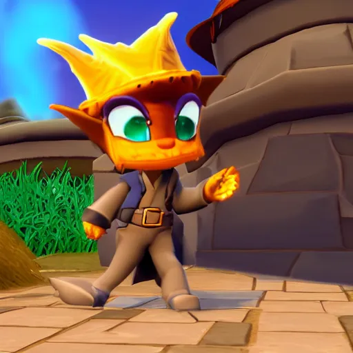 Image similar to screenshot of a cute humanoid inspector dragon with a brown trenchcoat as an npc in spyro the dragon video game, with playstation 1 graphics, activision blizzard, upscaled to high resolution