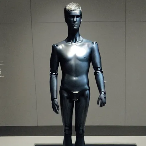 Image similar to “ a realistic detailed photo of a guy who is an attractive humanoid who is half robot and half humanoid, who is a male android, actor liam hemsworth, shiny skin, posing like a statue, blank stare, at the museum, on display ”