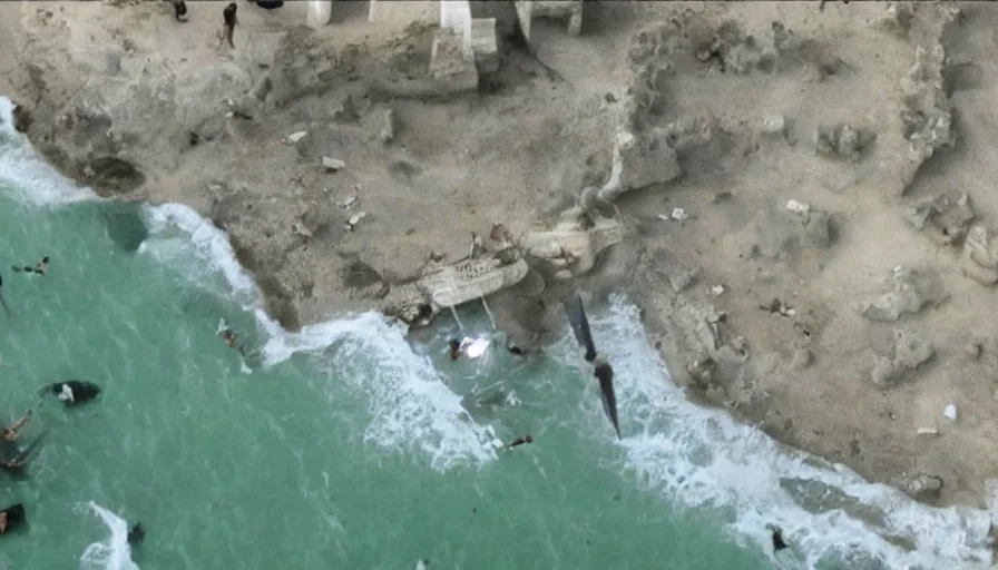 Image similar to gandalf attacks ancient athens, washed up on the beach. cnn news footage taken from above.