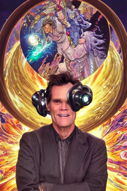 Image similar to jim carrey wearing a magic leap headset emerging from a stargate, by artgerm and yoshitaka amano and moebius and alphonse mucha, hyperdetailed, dc comics, ornate, nebula, explosions in the sky, trending on artstation