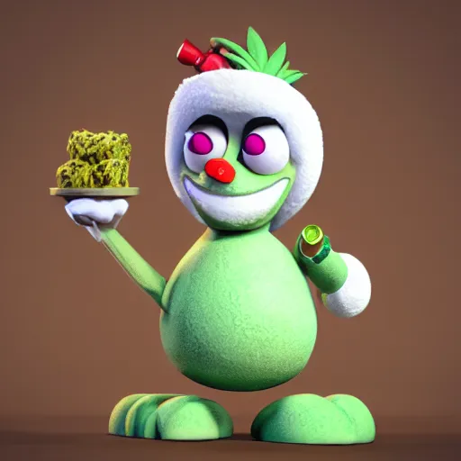 Image similar to octane render of cartoon cannabis character snowball