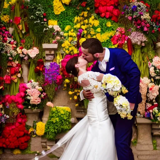 Image similar to the groom kisses the bride at a wedding full of flowers, bright and happy, art, highly detail, 4 k realistic, wedding photo, by charles angrand