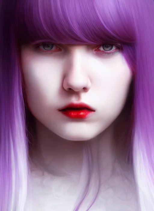 Image similar to hair whitebangs hair, black hair, whitebangs, portrait of teenage girl with white bangs, red irises, purple clothes, white bangs, bangs are different color from hair, intricate, elegant, glowing lights, highly detailed, digital painting, artstation, concept art, smooth, sharp focus, illustration, art by wlop, mars ravelo and greg rutkowski