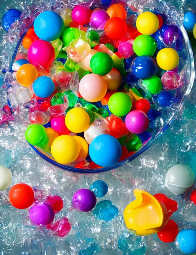 Image similar to a well - lit studio photograph of various plastic toys floating in a bowl of water, some smooth, some wrinkled, some long, various sizes, textures, and transparencies, beautiful, smooth, detailed, inticate