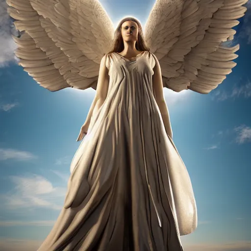 Image similar to gigantic biblical depiction of an angel mixed with a woman, towering over a vast landscape, cinematic, realistic, photorealistic, detailed, white body, global illumination, volumetric lighting, 8 k, beautiful, majestic clouds