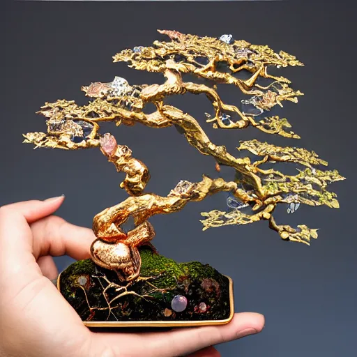 Prompt: aesthetic golden bonsai with raw gems as leaf and gothic ornaments, gems, rose gold, 8 k, details, studio lighting, realism, complex lights